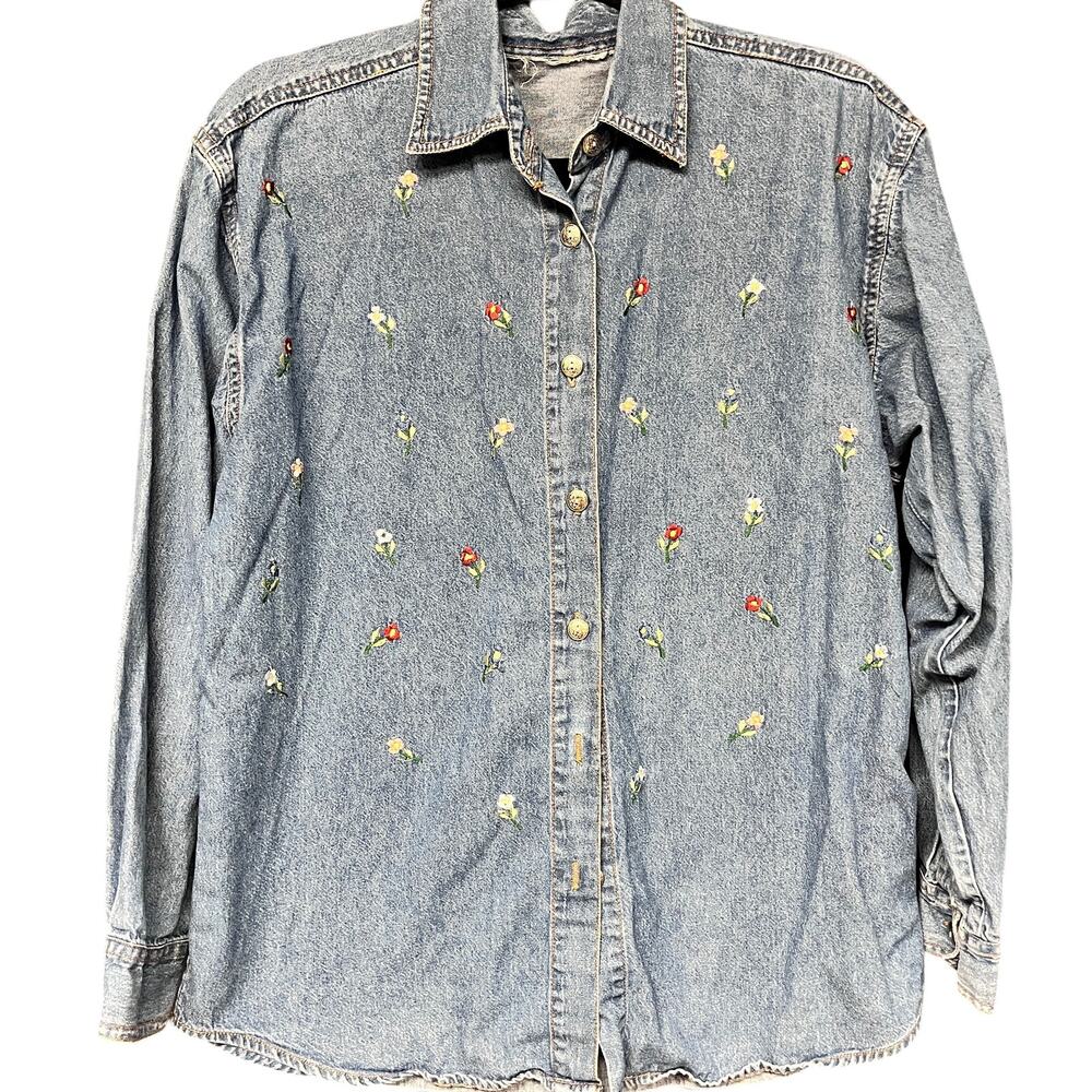 vintage LG women's embroidered chambray denim button down floral long sleeve